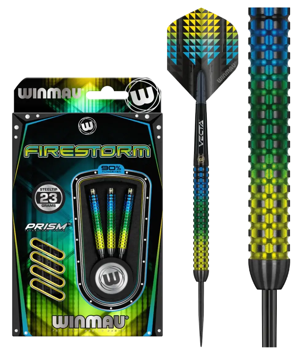 Winmau Firestorm Darts mit Prism-Technologie, 23g Stahltip, farbenfrohe Flights und Griff