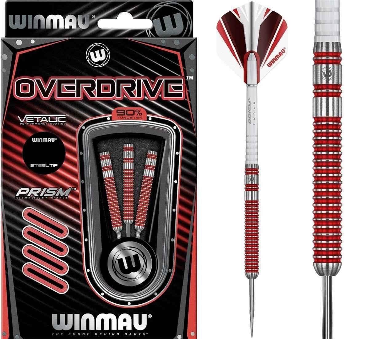 Winmau Overdrive Darts mit 90% Wolfram und rotem Griff, ideal für Dart-Spieler