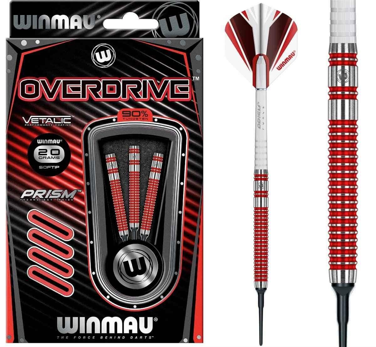 Winmau Overdrive Softtip-Darts 20g, 90% Wolfram, rote Griffrillen, Prism-Technologie