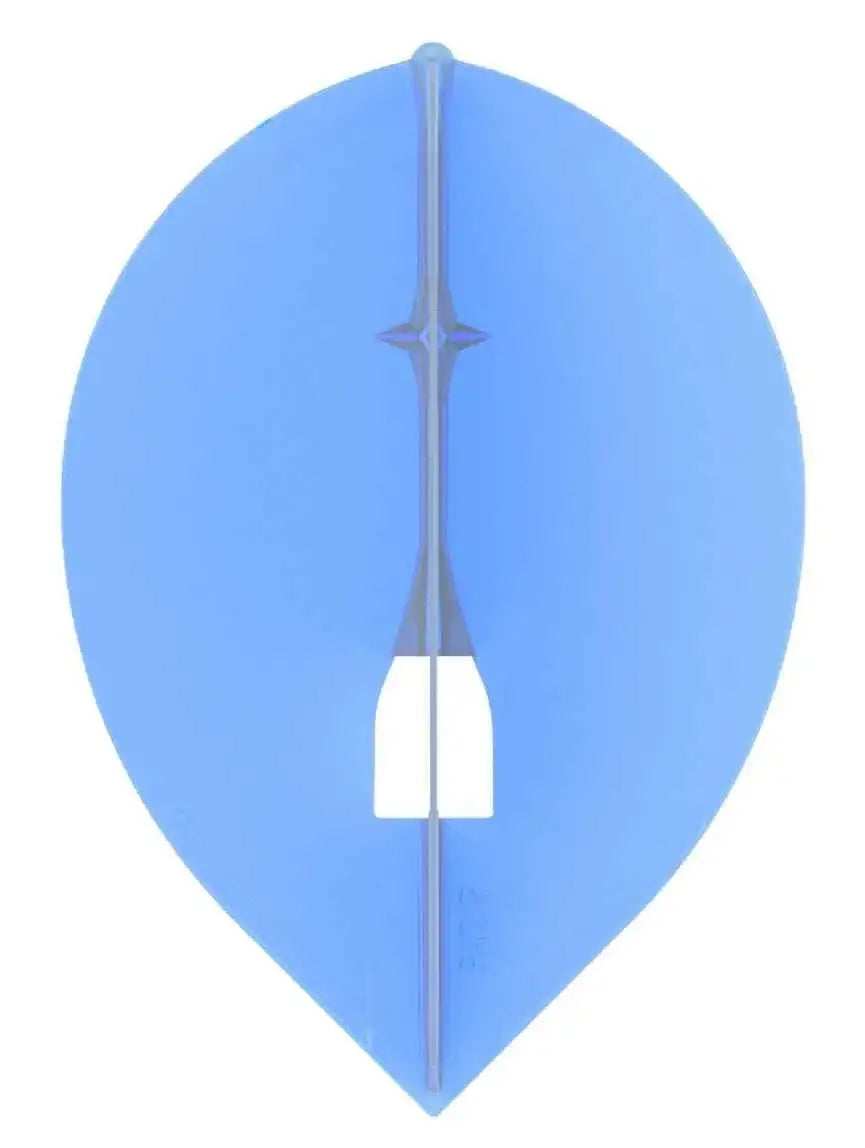 Blaue Dartflügel mit transparentem Schaft und weißem Griff, ideal für Präzision und Stabilität im Dartspiel