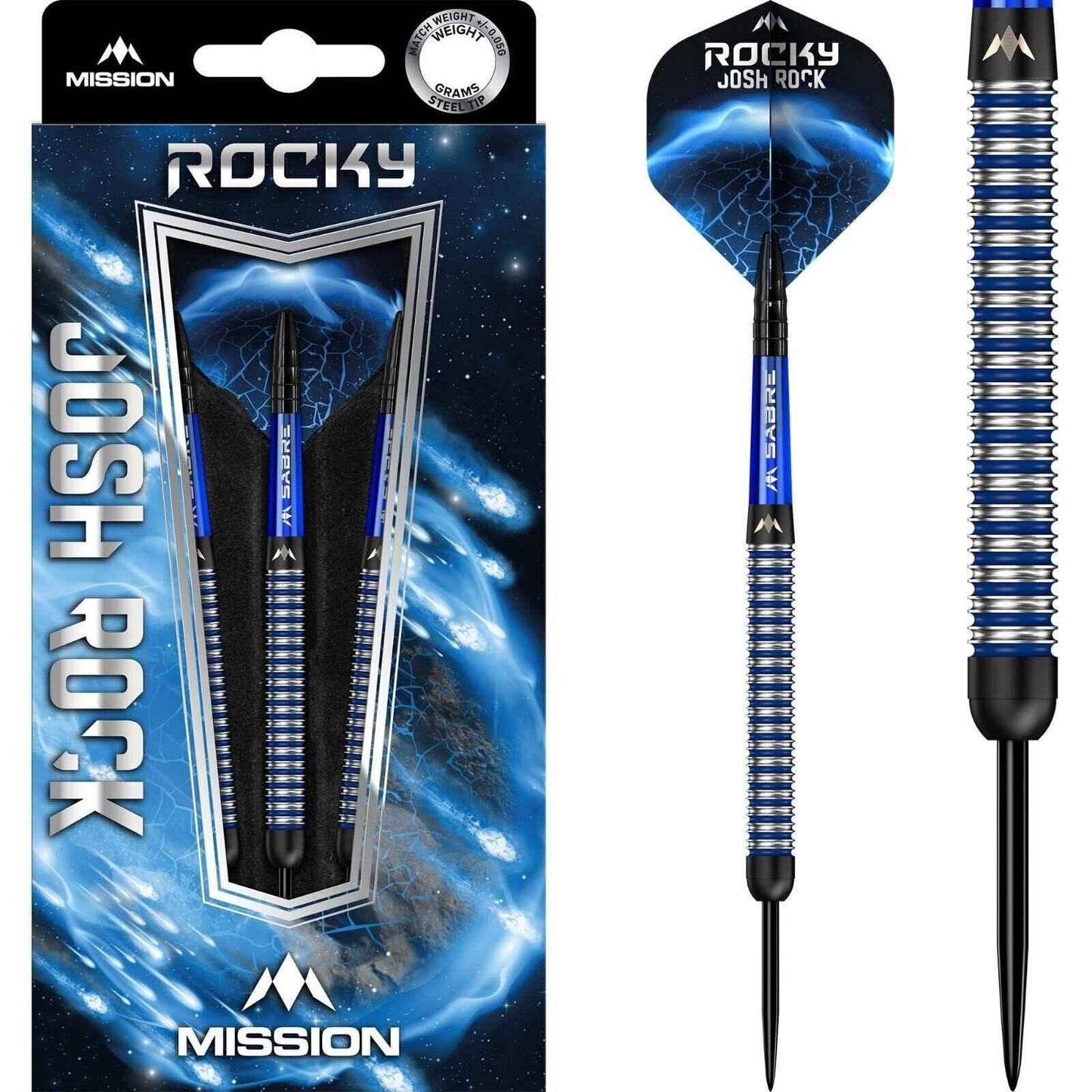 Mission Rocky Josh Rock Darts mit blauen Flügeln und Stahlspitze, ideal für Dart-Spieler