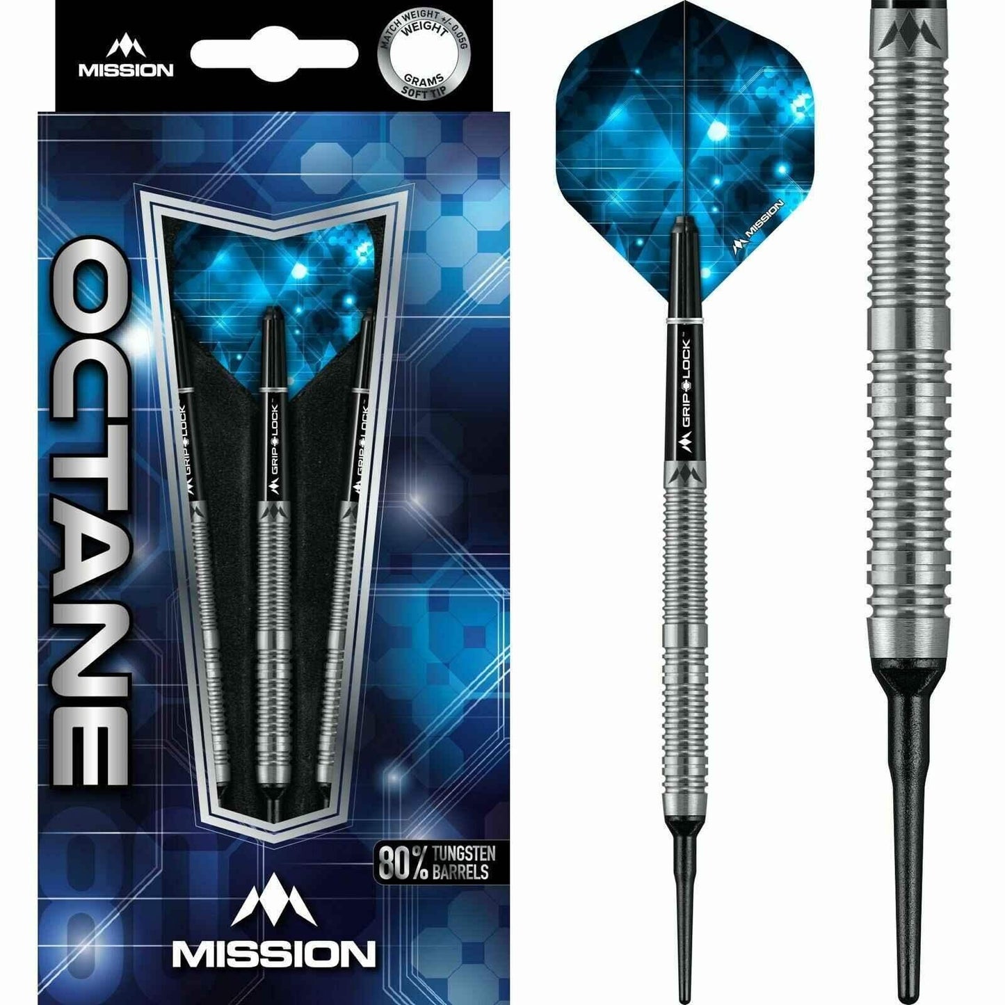 Mission Octane Softtip-Darts mit 80% Wolframbarren, Grip-Lock-Griff und blauen Flights