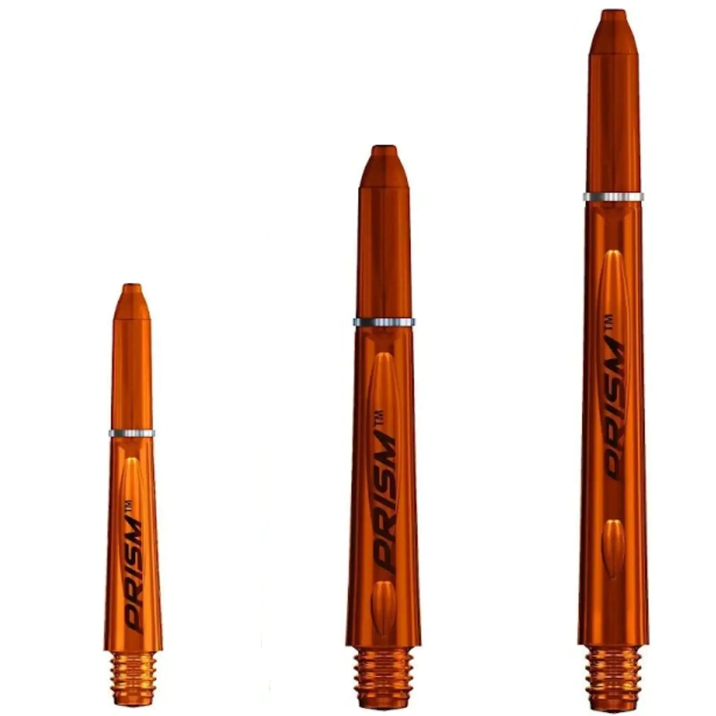 Drei orange Prism Dartshafts in verschiedenen Längen, ideal für Dartsportler