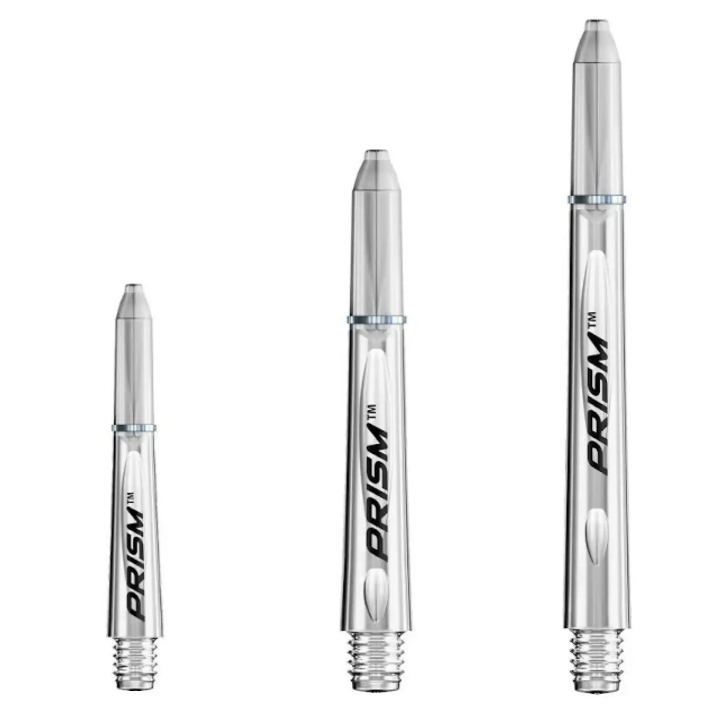 PRISM™ Dartshafts in drei Längen, transparent mit silberner Beschriftung, ideal für Dartspieler