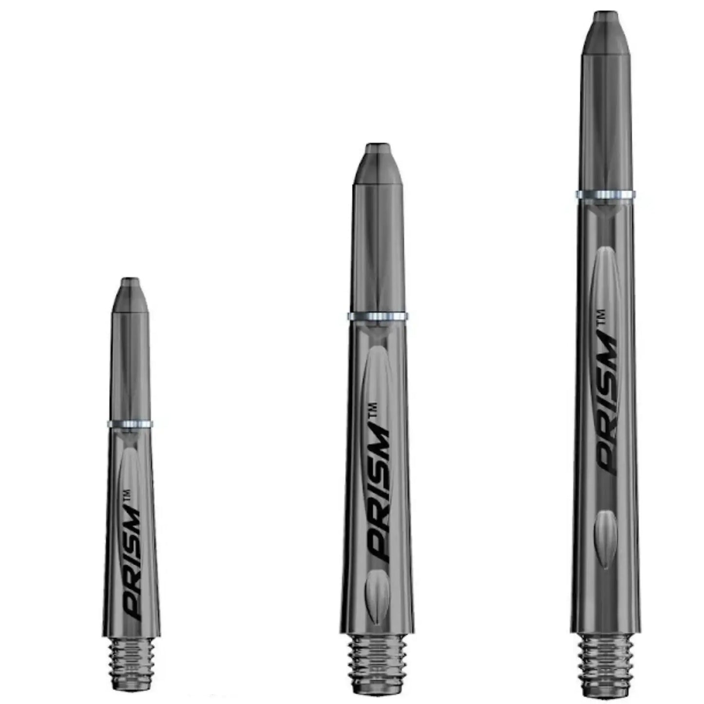 PRISM Dartshafts in drei Längen, transparent-grau mit Metallring, ideal für Dartpfeile