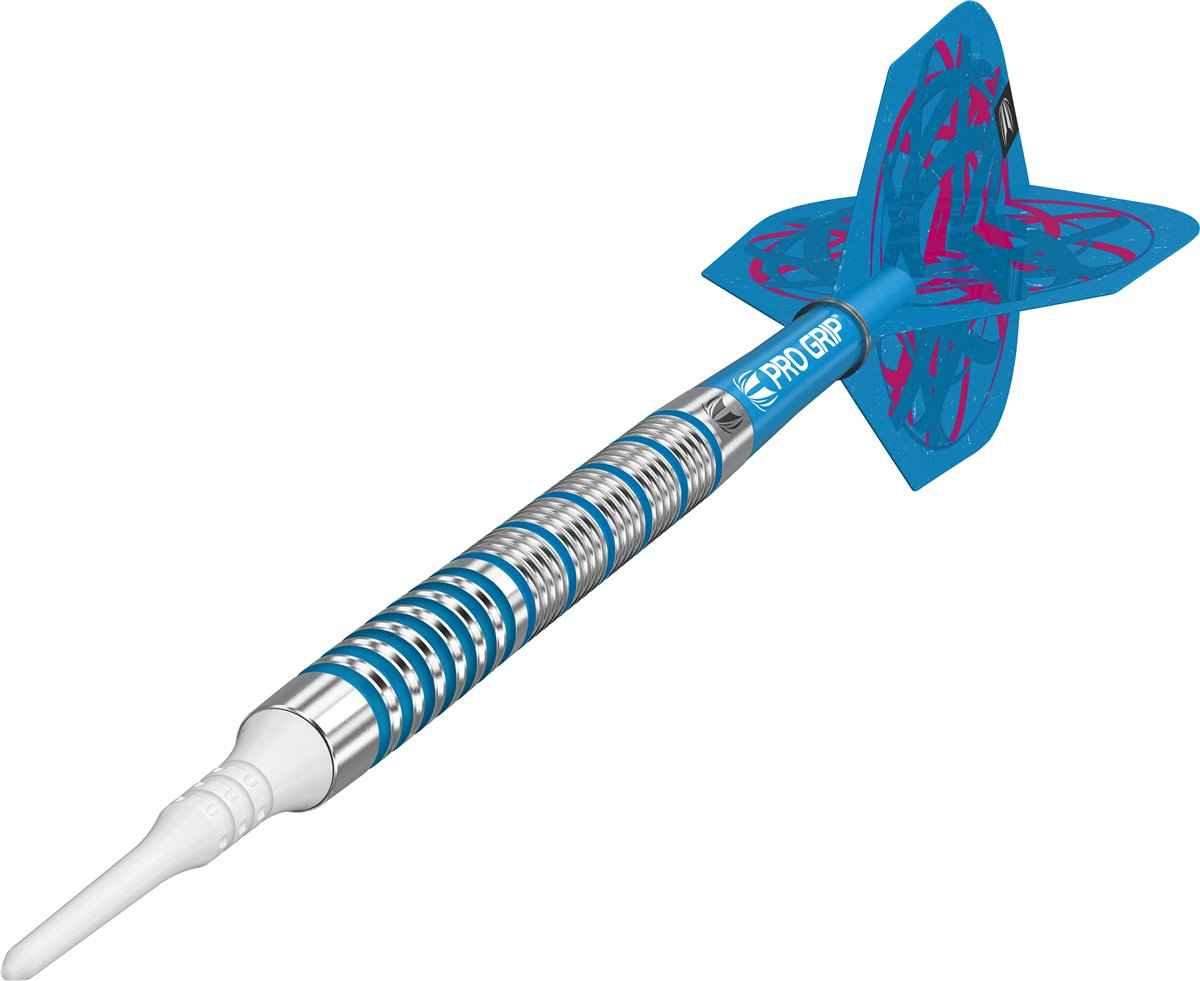 Blauer Dart mit Pro Grip und pinken Flügeln für präzises Werfen