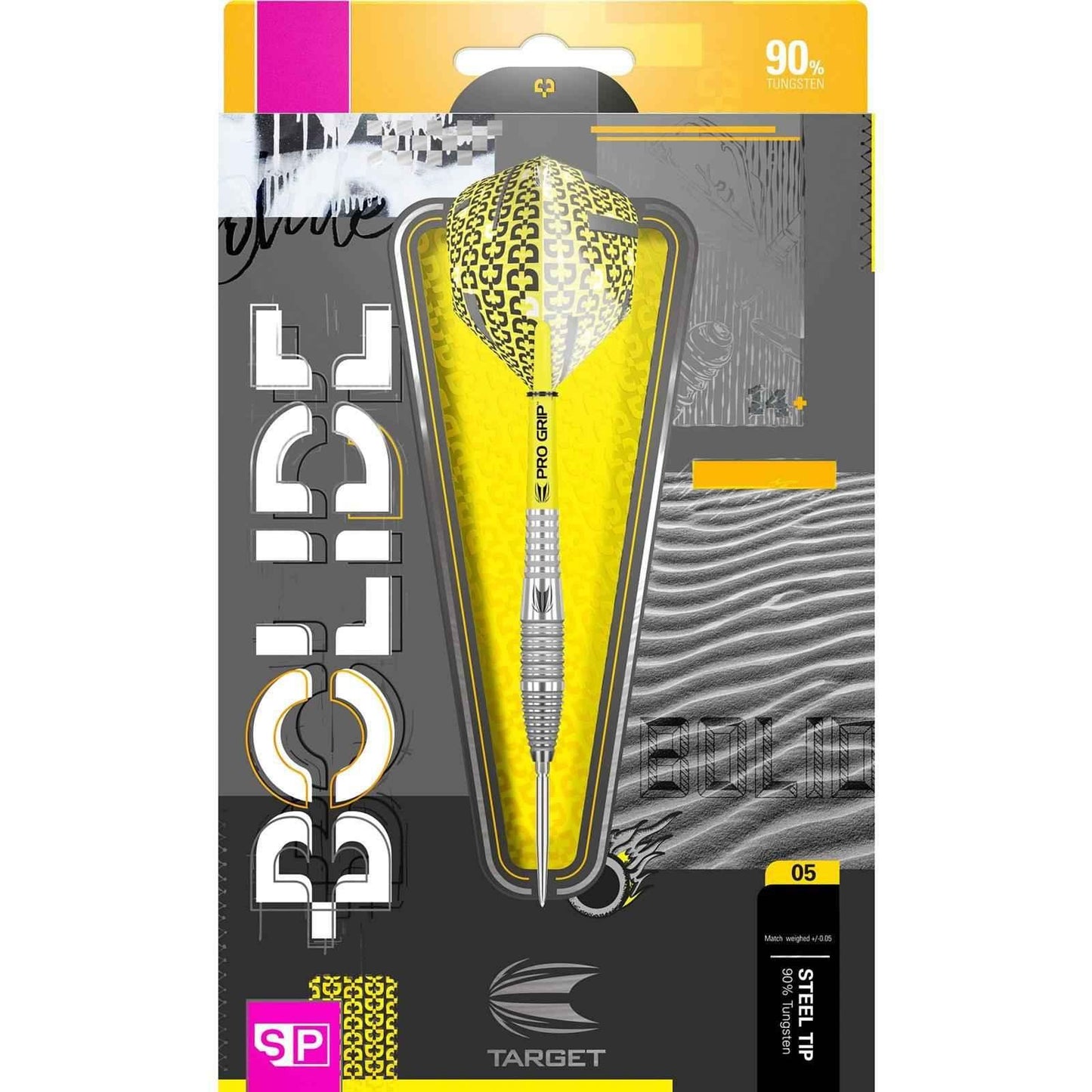 Target Solid 3 Dart mit 90% Wolfram, gelbem Flug und Pro Grip, 24g, Steel Tip