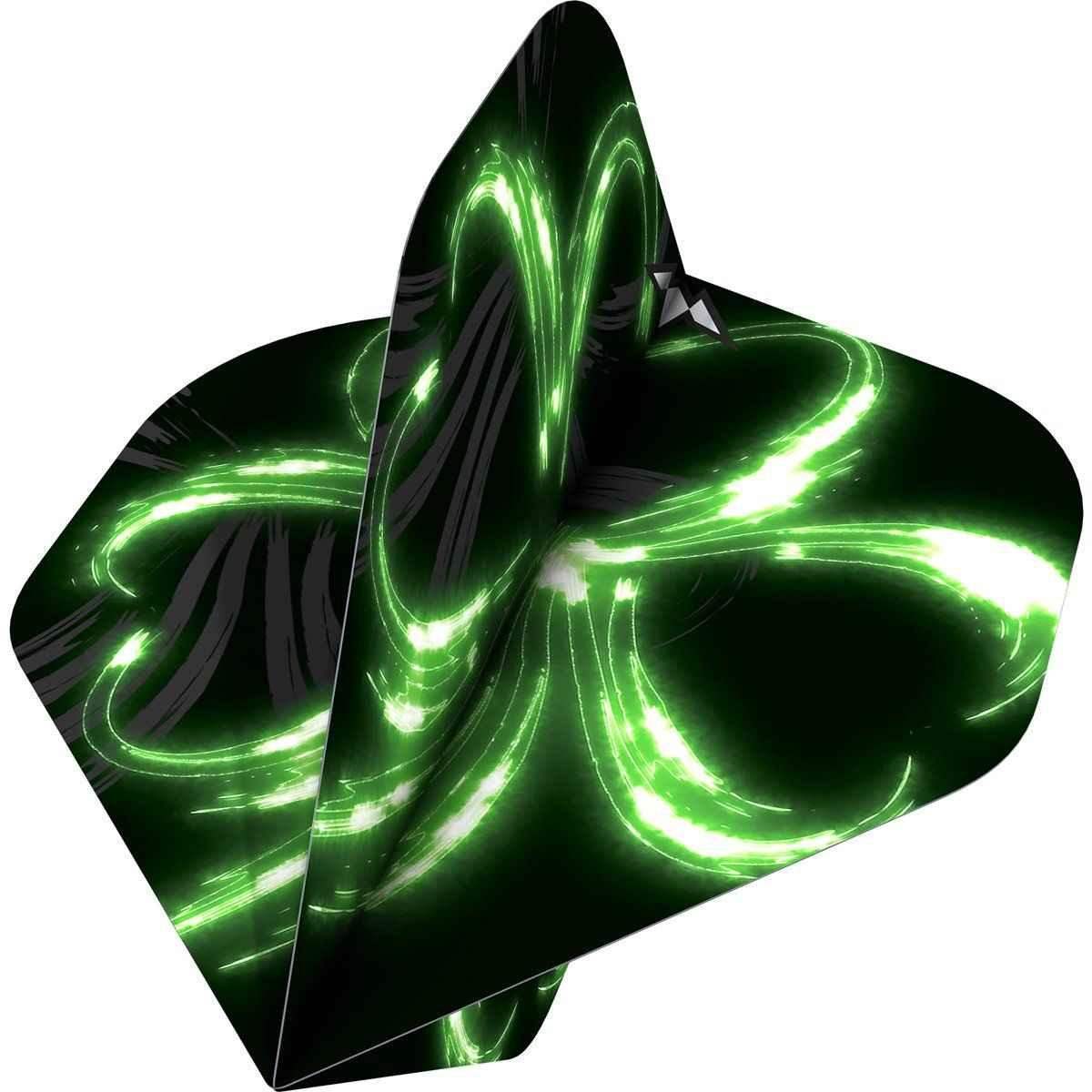 Dartflügel mit leuchtendem grünem Neon-Design auf schwarzem Hintergrund, ideal für Dart-Spieler