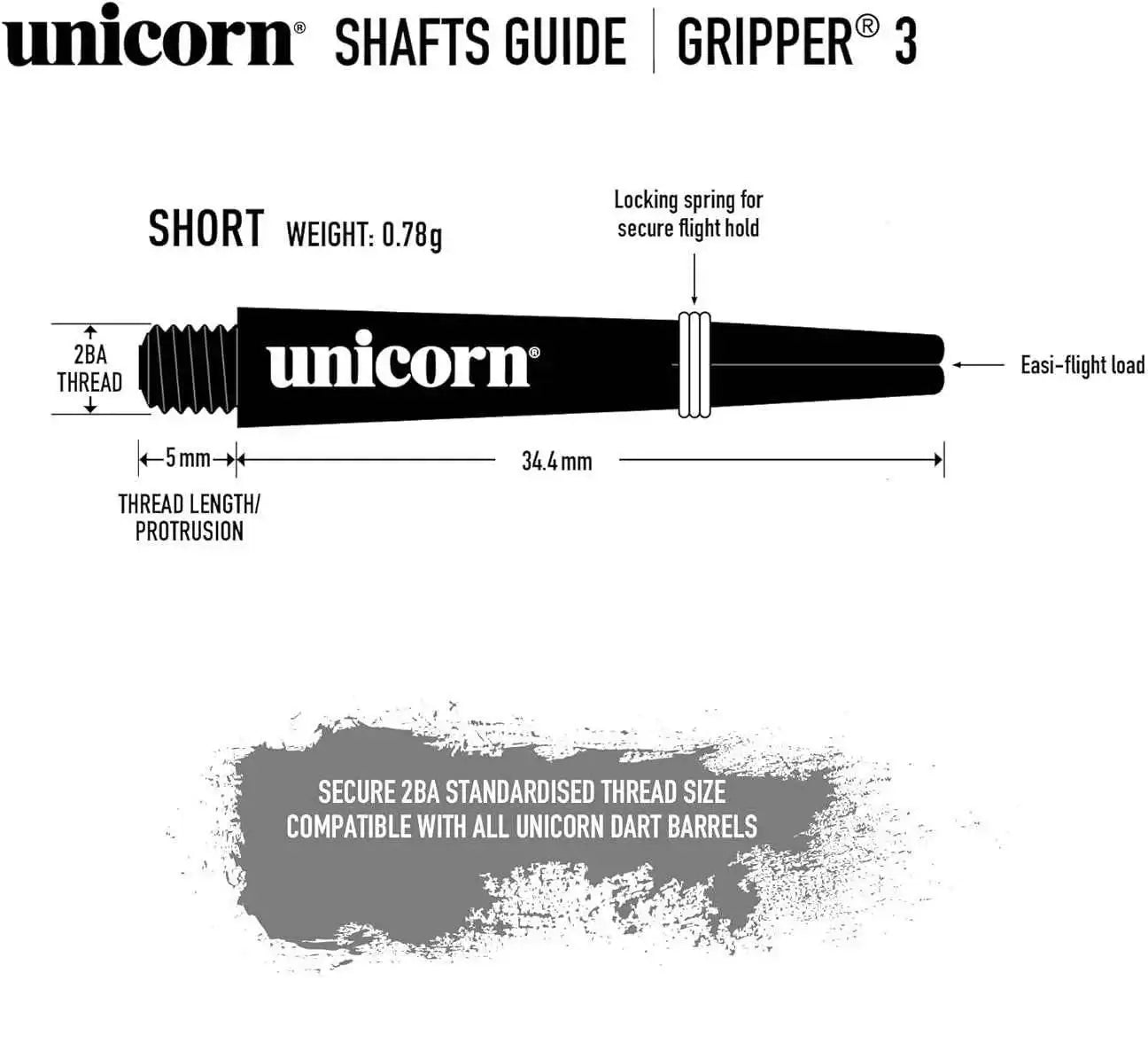 Unicorn Gripper 3 Dartshaft, kurz, 0,78g, 2BA Gewinde, sichere Flughalterung, kompatibel mit Unicorn Barrel