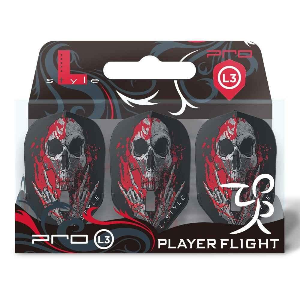 L-Style Pro L3 Player Flight mit Totenkopf-Design für Darts – schwarz-rot, 3er-Pack