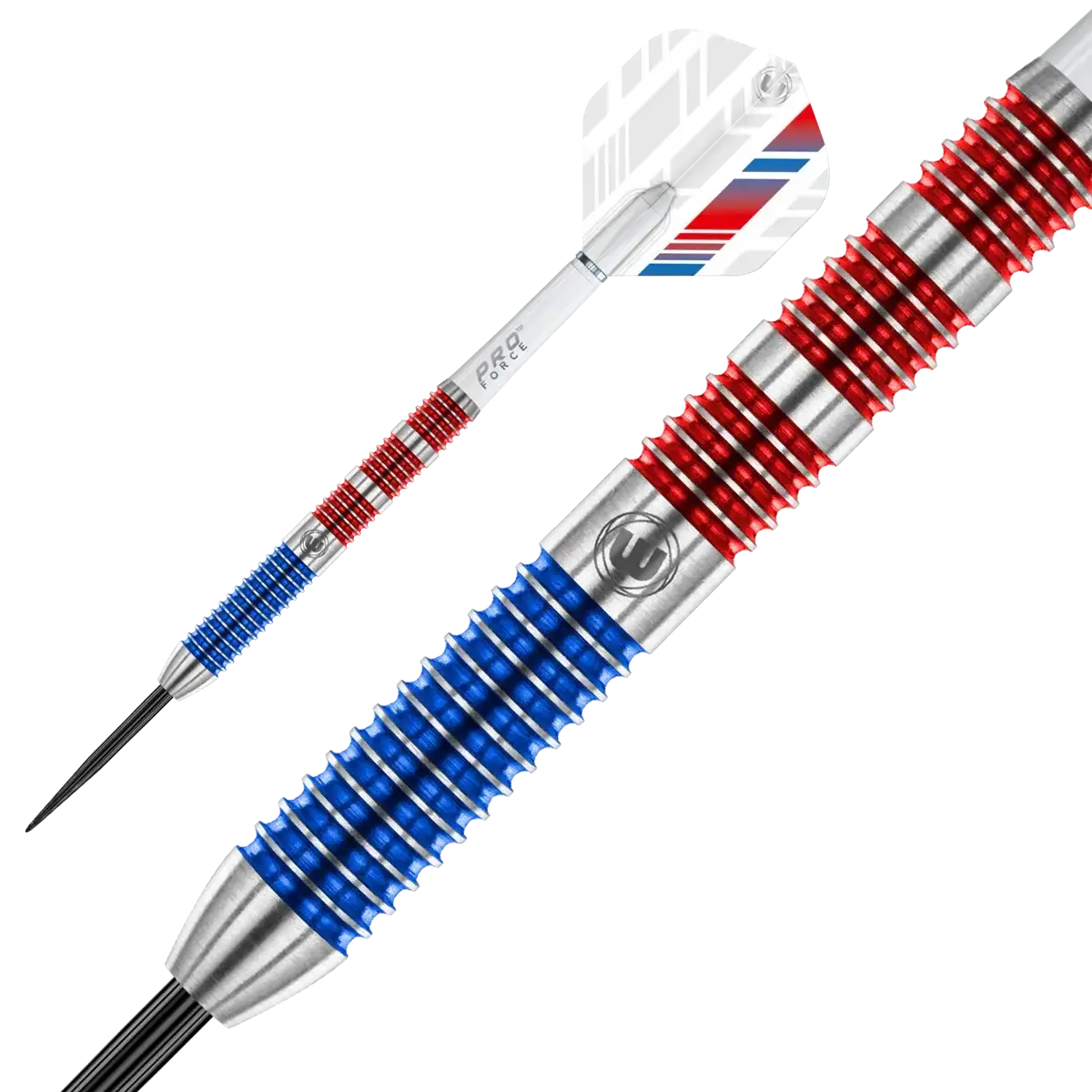 Winmau Pro Force Dartpfeil mit rotem und blauem Griff, metallisch, für Präzisionsspiel