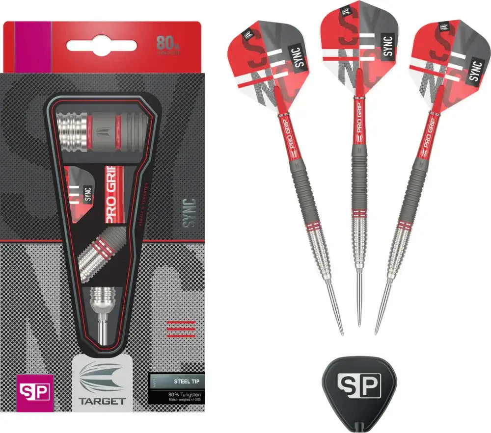 Target Pro Grip Sync Darts mit Stahlspitze und roten Flügeln, 80% Wolfram