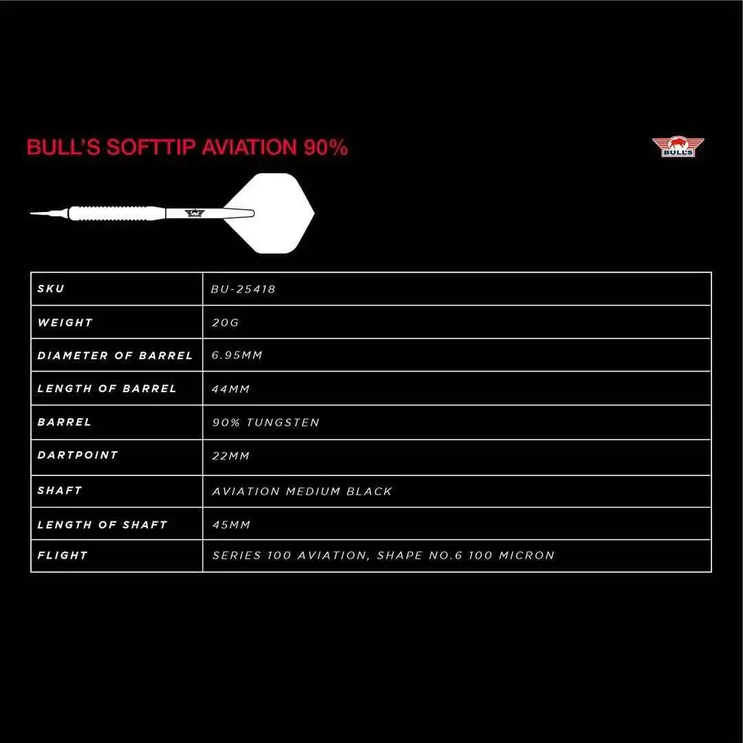 Bull's Softtip Aviation 90% Dart mit 20g Gewicht, 90% Wolframbarrel und Aviation Medium Black Schaft