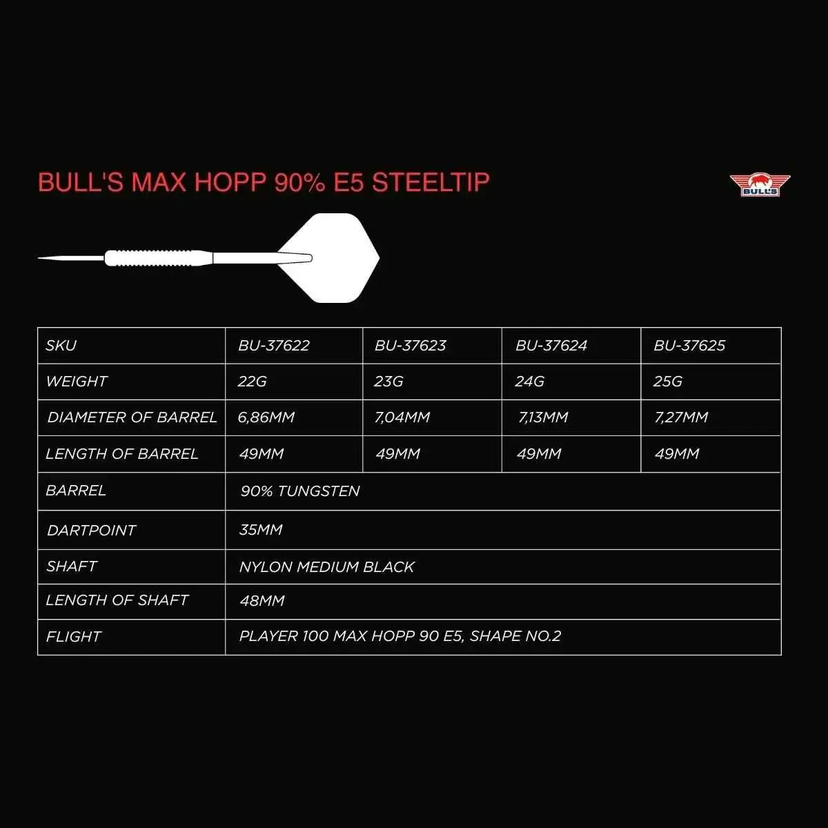 Bull's Max Hopp 90% E5 Steeltip Dart mit 22-25g Gewicht, 90% Wolfram, Nylon-Schaft und Player 100 Flights