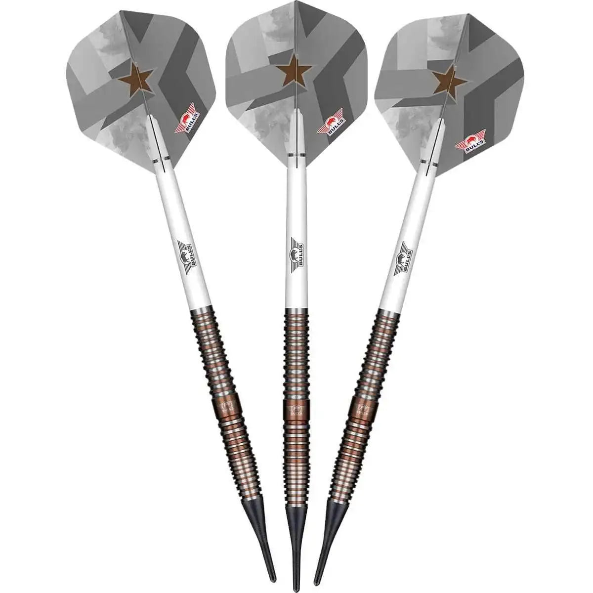 Bulls Darts mit grauen Flügeln und Stern-Design, ideal für Dartspieler und Turniere