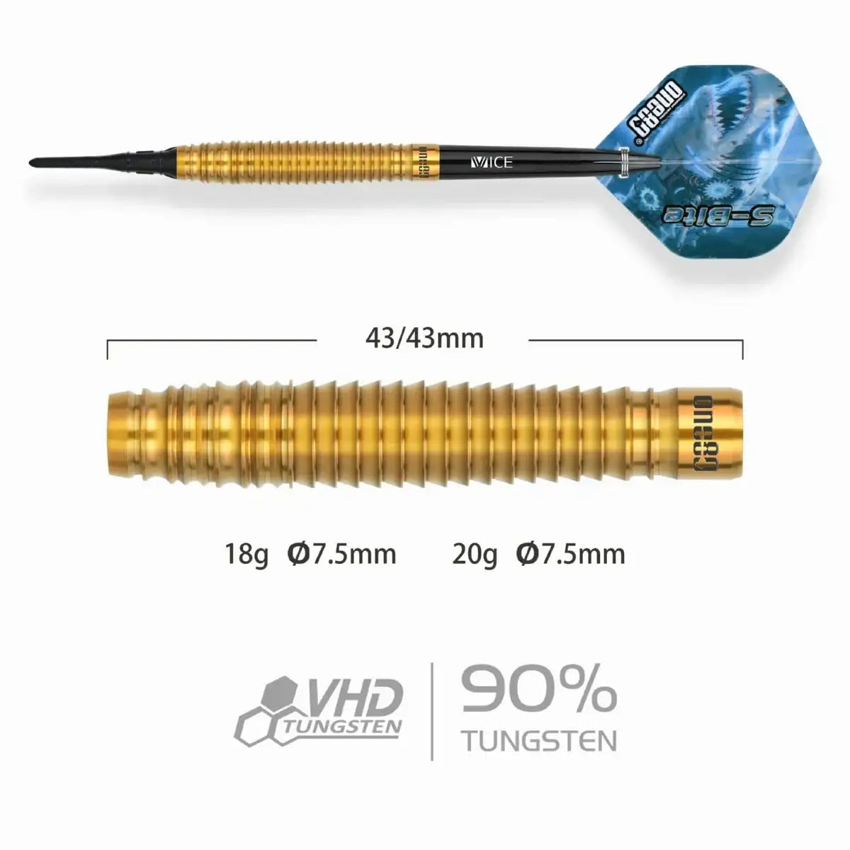 Winmau Vice Dartpfeil 90% Wolfram, 18g & 20g, Ø7.5mm, mit S-Bite Flights – präzise Darts für Profis