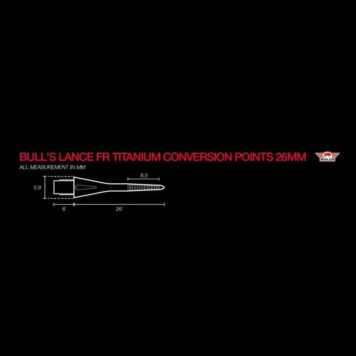 Bull's Lance FR Titanum Conversion Points 26mm – technische Zeichnung mit Maßen für Darts