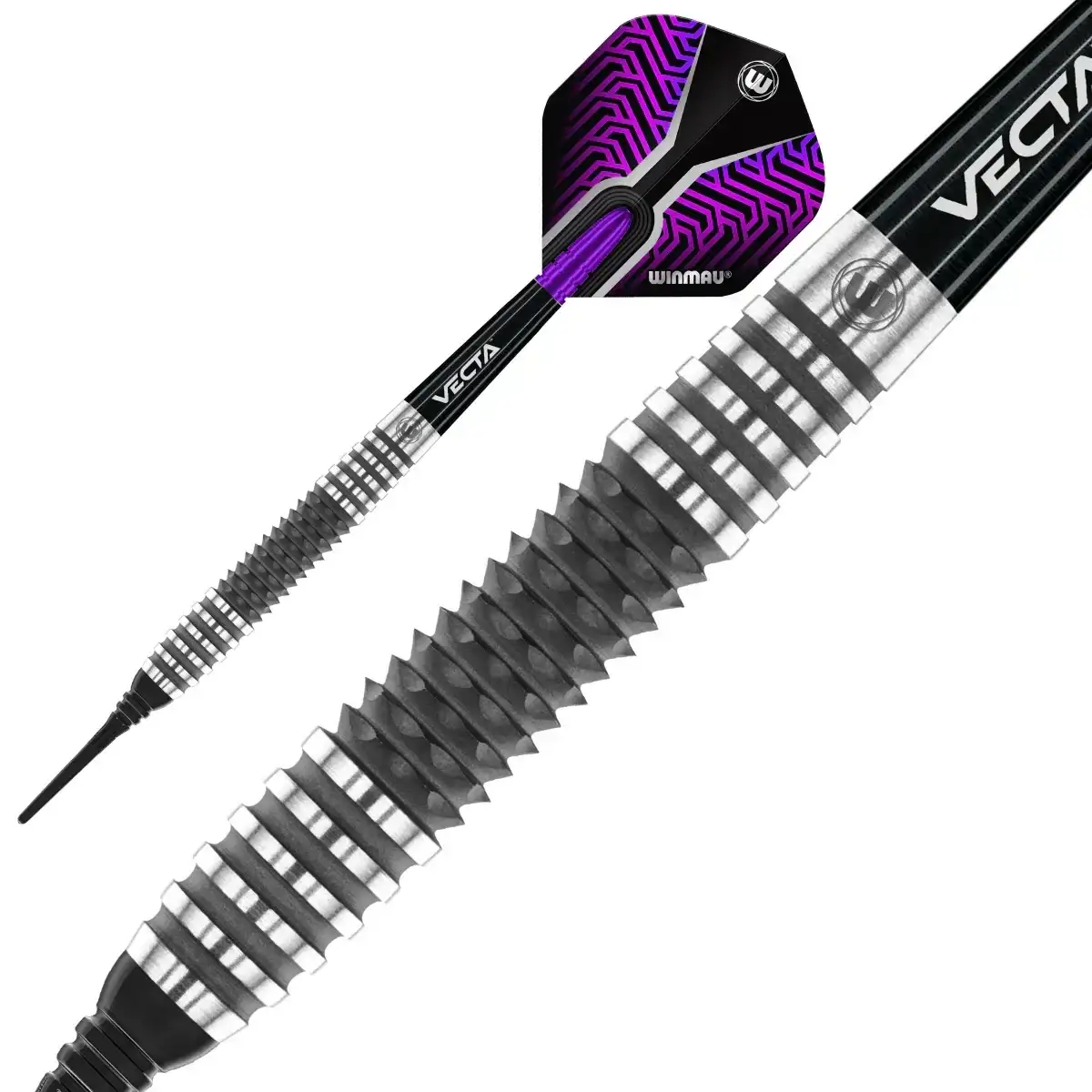 Winmau Vecta Dartpfeil mit lila Flügeln und geriffeltem Griff, ideal für Präzisionsspiele