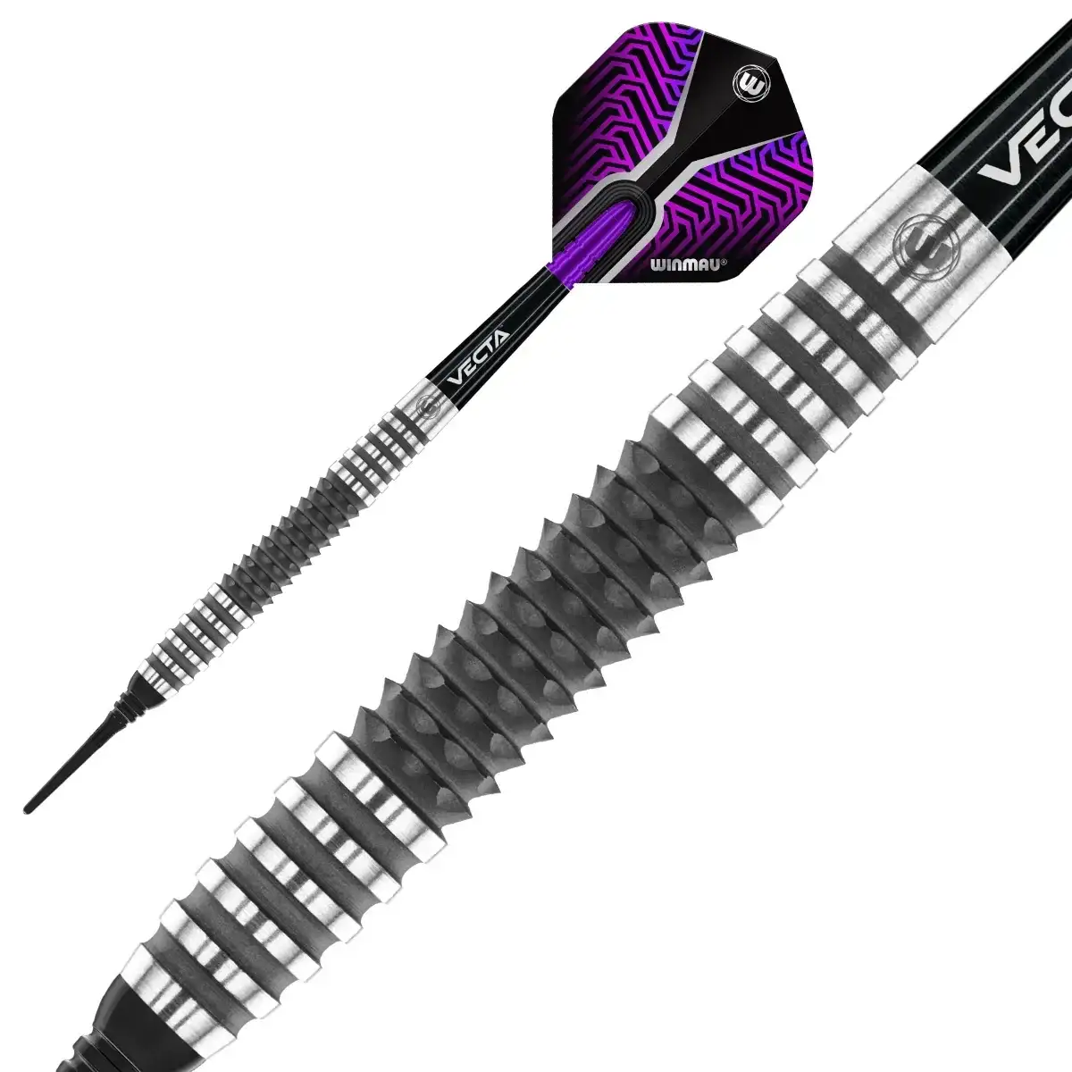 Winmau Vecta Dartpfeil mit lila Flights und geriffeltem Griff, ideal für Präzisionsspiel