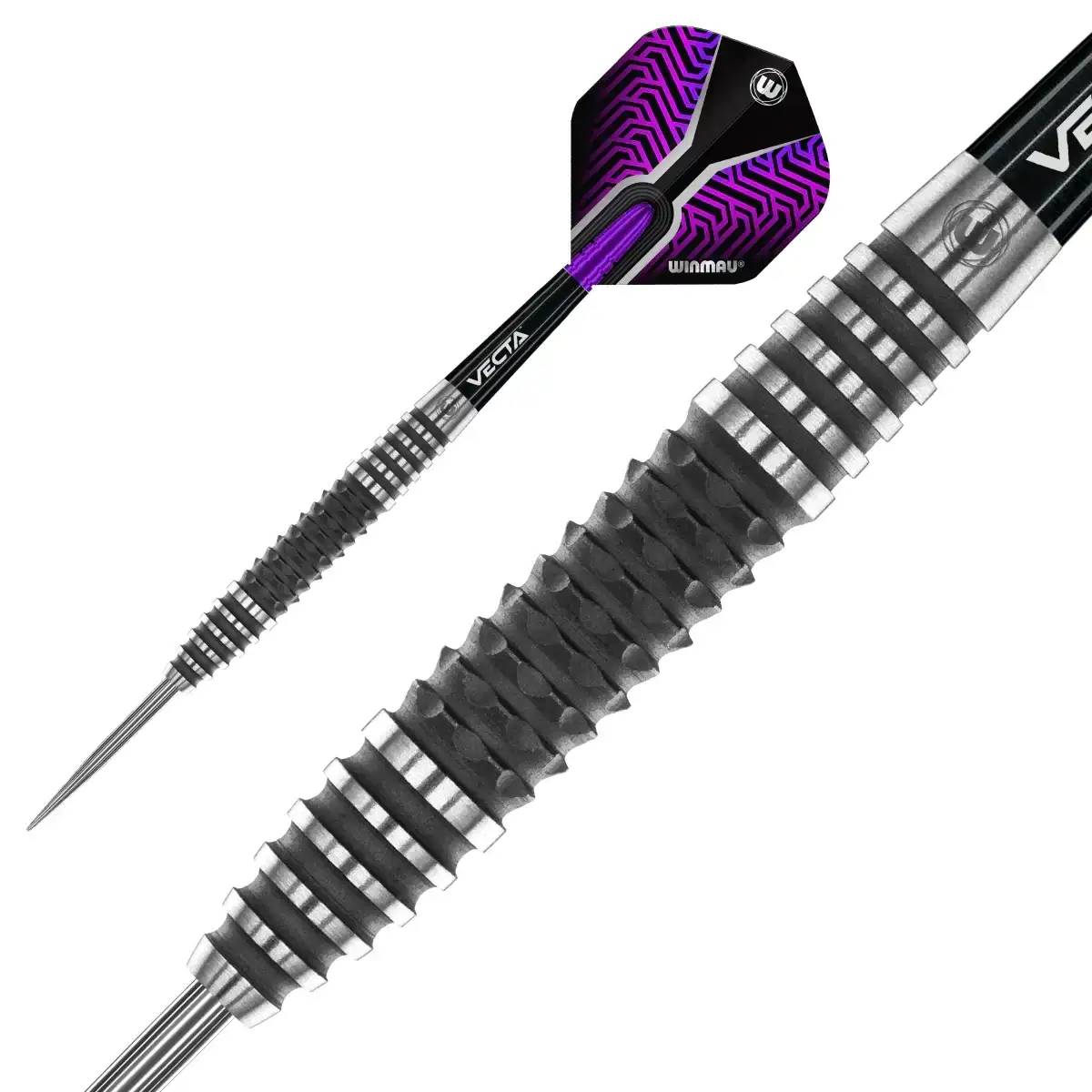 Winmau Vecta Dartpfeil mit lila Flügeln und texturierter Griffzone für präzises Werfen