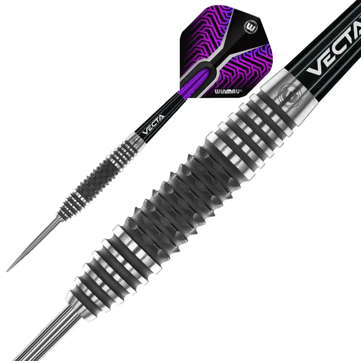 Winmau Vecta Dartpfeil mit lila Flights und geriffeltem Griff, ideal für Präzisionsspiel