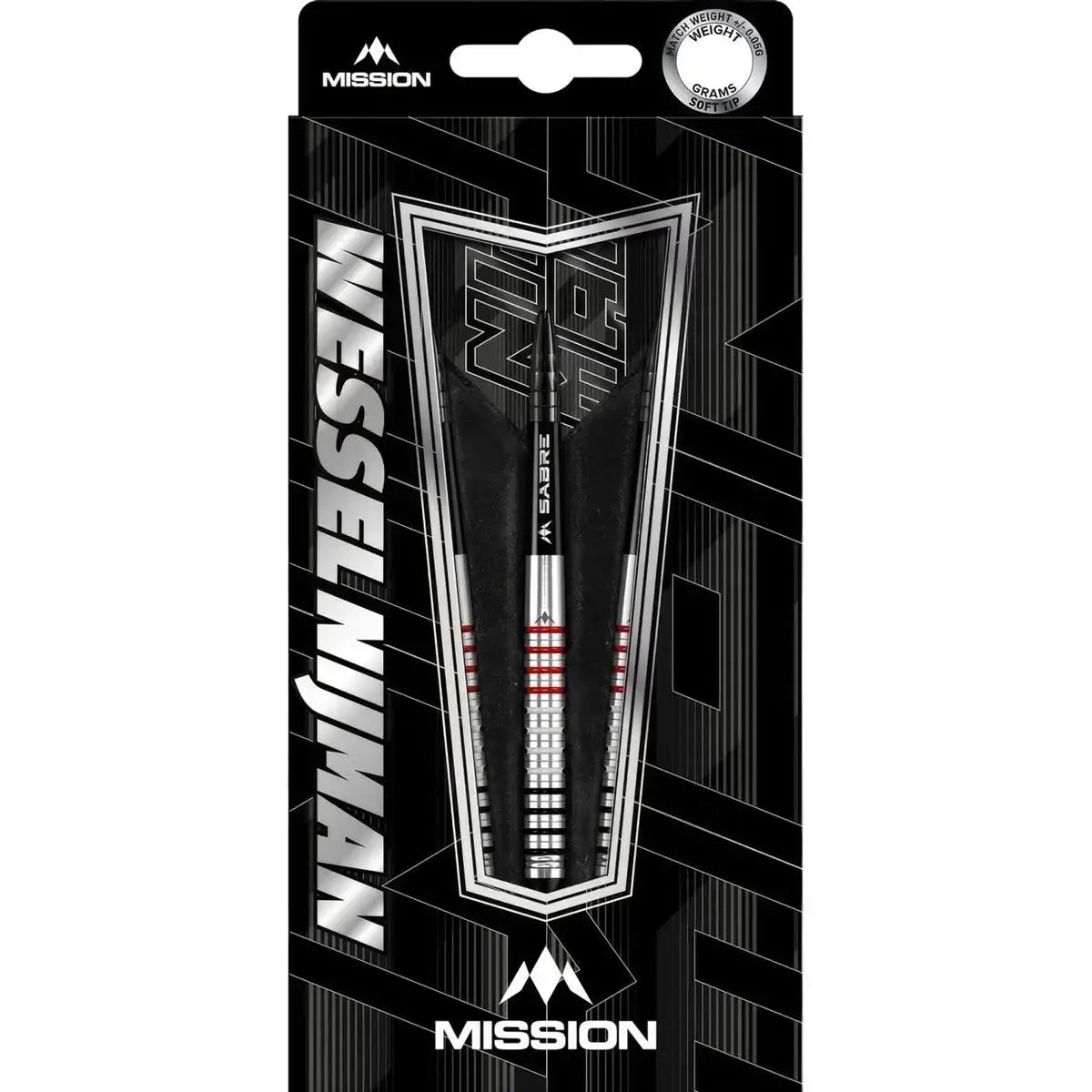 Mission Wessel Nijman Soft Tip Dartpfeile in schwarz-silberner Verpackung mit roten Akzenten