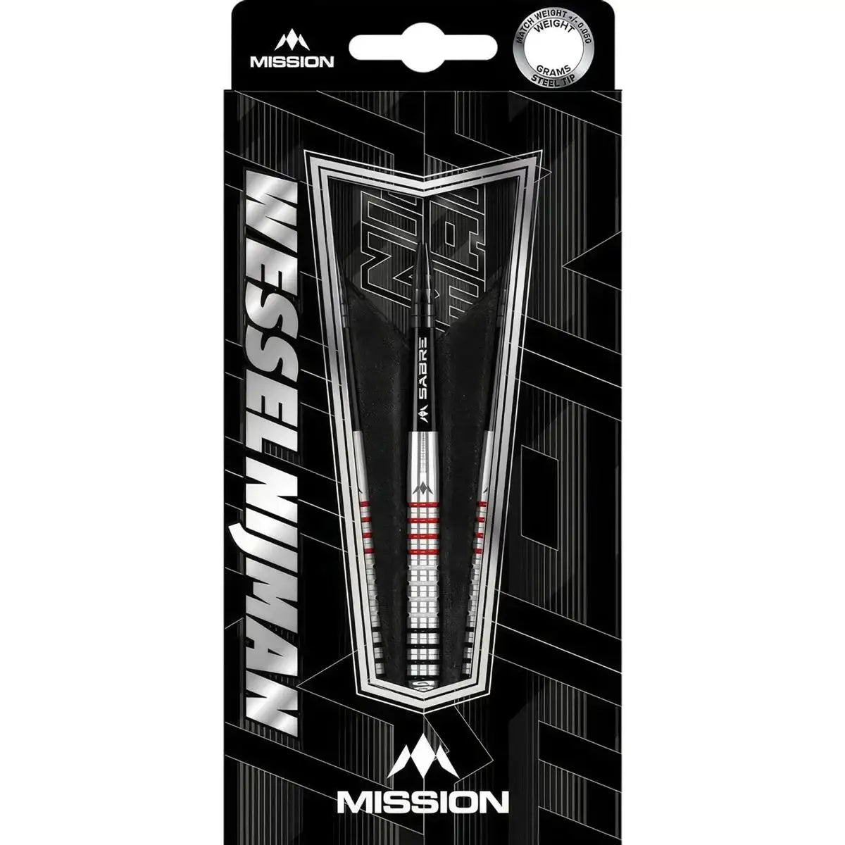 Steel tip dart set in black packaging with Mission branding and Wessel Nijman text