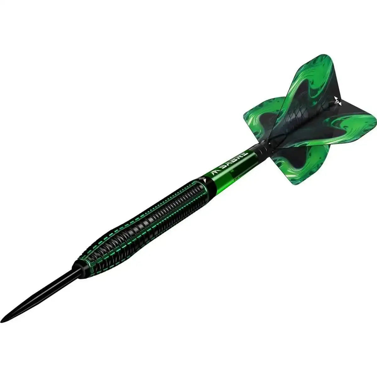 Black and green steel tip dart with textured barrel and green swirl flight on white background