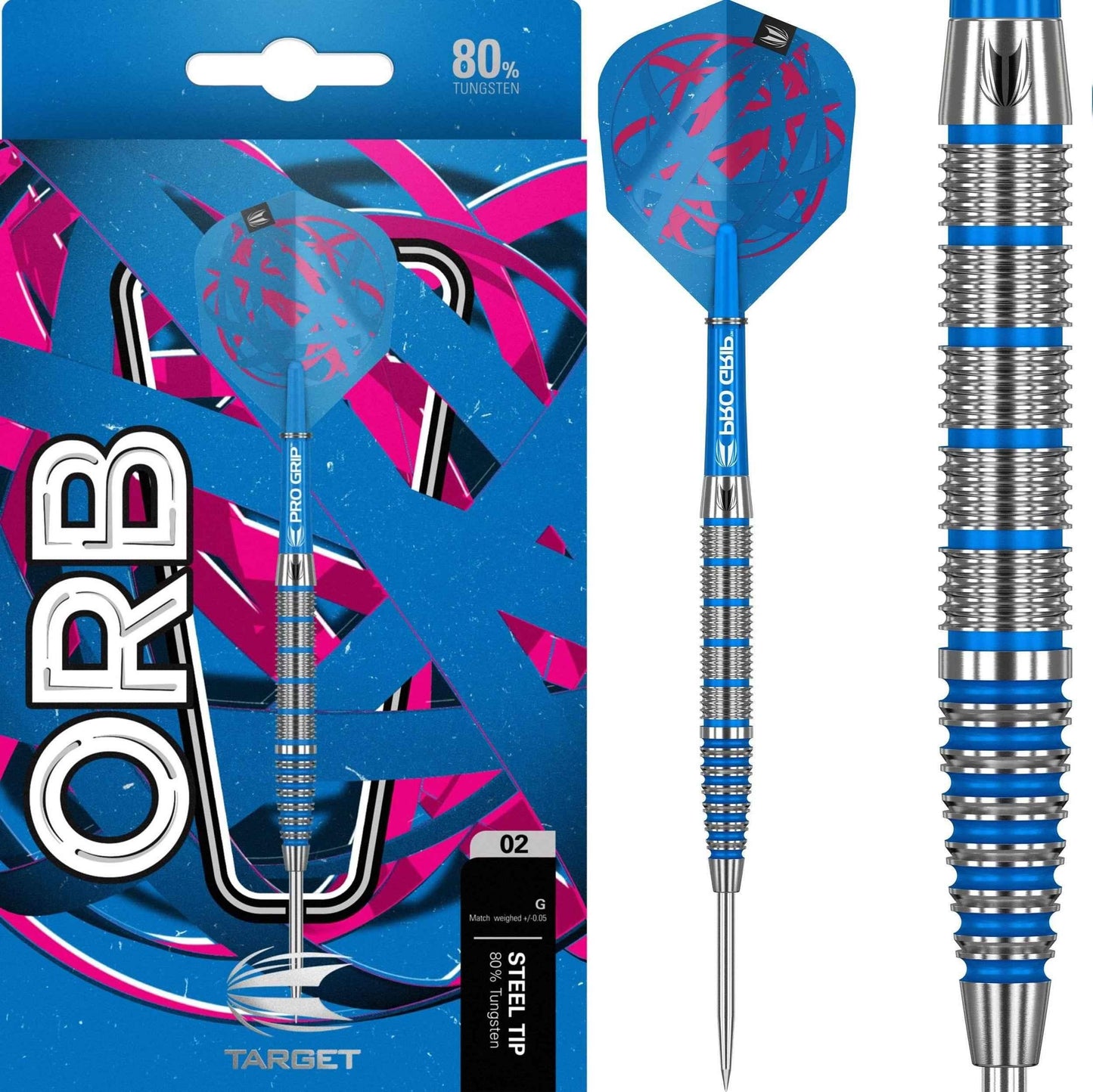 Target Pro Grip 80% Wolfram Dartpfeil mit blauen Flügeln und Stahlspitze, ideal für Dart-Spieler