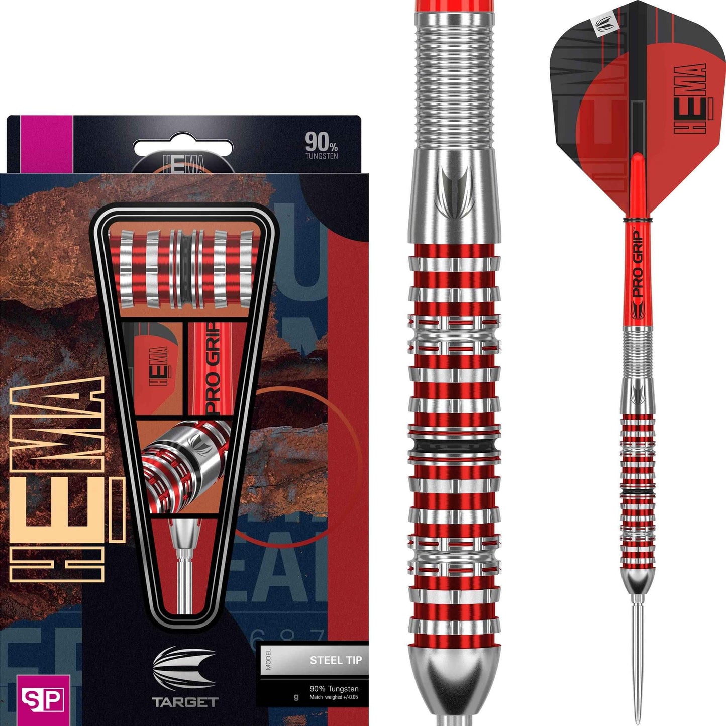 Target HEMA Pro Grip Darts mit 90% Wolfram, rotem Griff und Stahlspitze