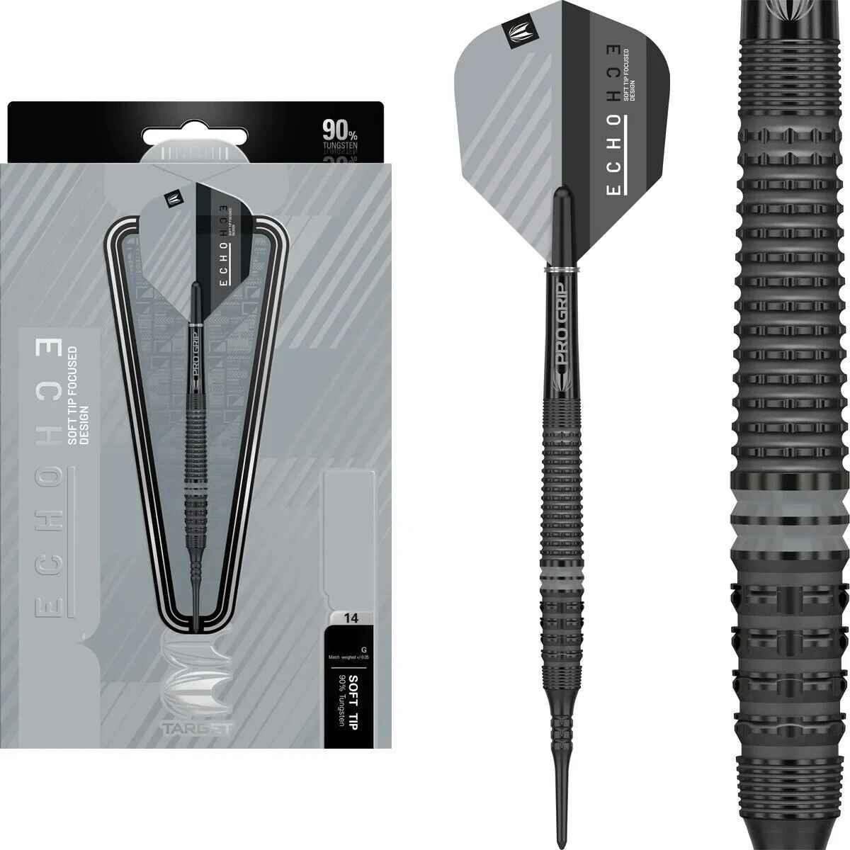 Target Echo Soft Tip Darts 90% Wolfram, Pro Grip, 14g – präzise Dartpfeile mit Fokussierdesign