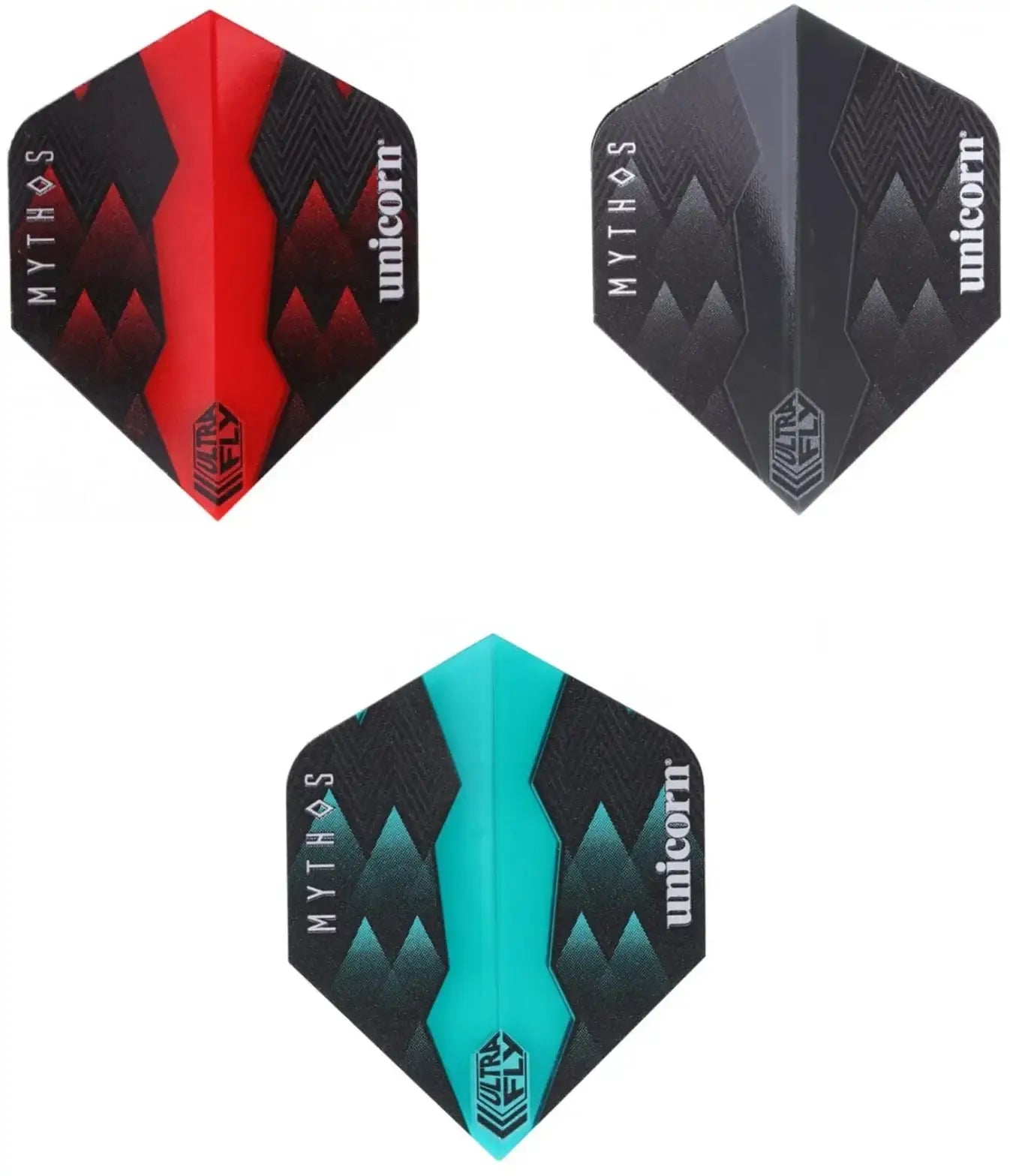 Unicorn Mythos Ultra Fly Dartflights in Rot, Schwarz und Türkis für präzises Werfen