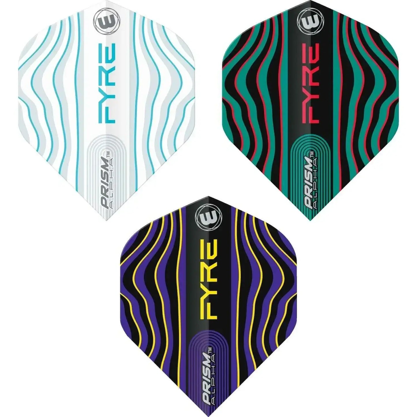 Fyre Prism Alpha Dartflights in blau, grün und lila mit wellenförmigem Design