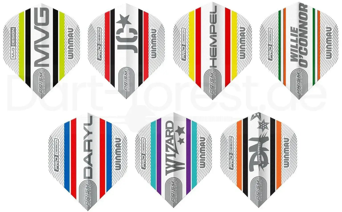 Winmau Dartflights mit Namen wie MVG, JC, Hempel und mehr – farbenfrohe Designs für Dartsportler
