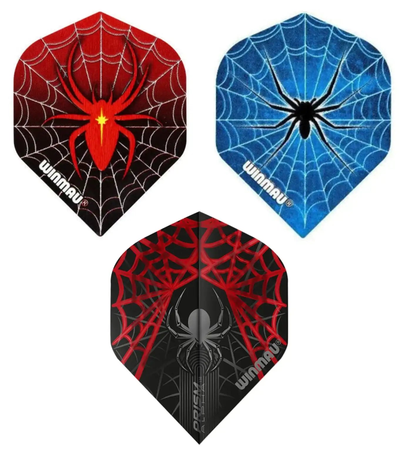 Winmau Spider Dartflights mit Spinnennetz-Design in Rot, Blau und Schwarz für Darts