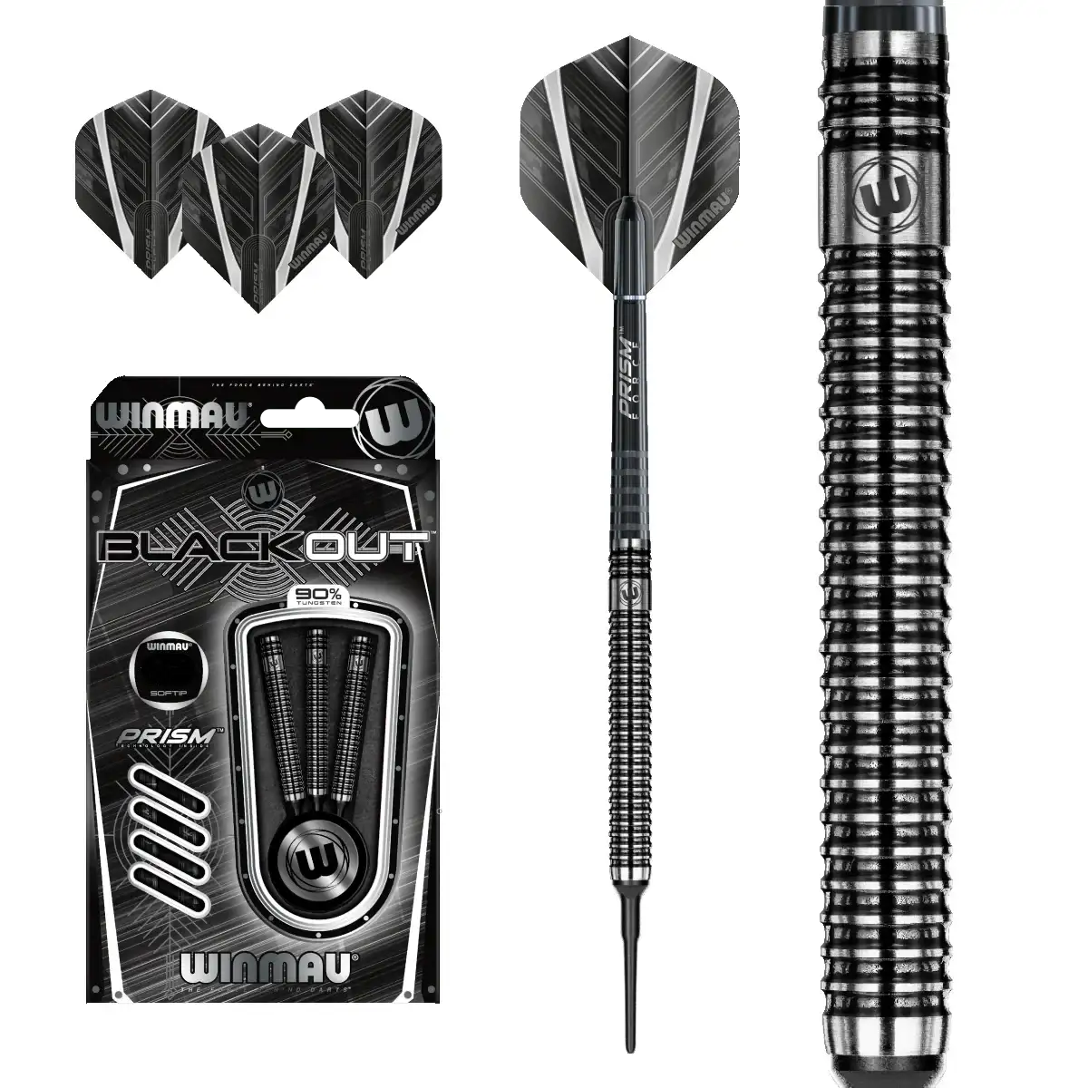 Winmau Blackout Darts mit Prism Force Flights, 90% Wolfram, Softtip, ideal für Dartspieler