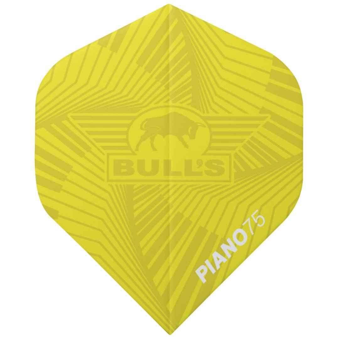 Bull's Piano 75 Dartflügel, gelb mit geometrischem Muster und Bull's-Logo, ideal für Dartsport