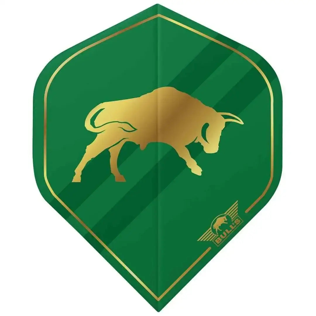 Grüne Dartflügel mit goldenem Stier und Bull's-Logo, ideal für Dartsportler