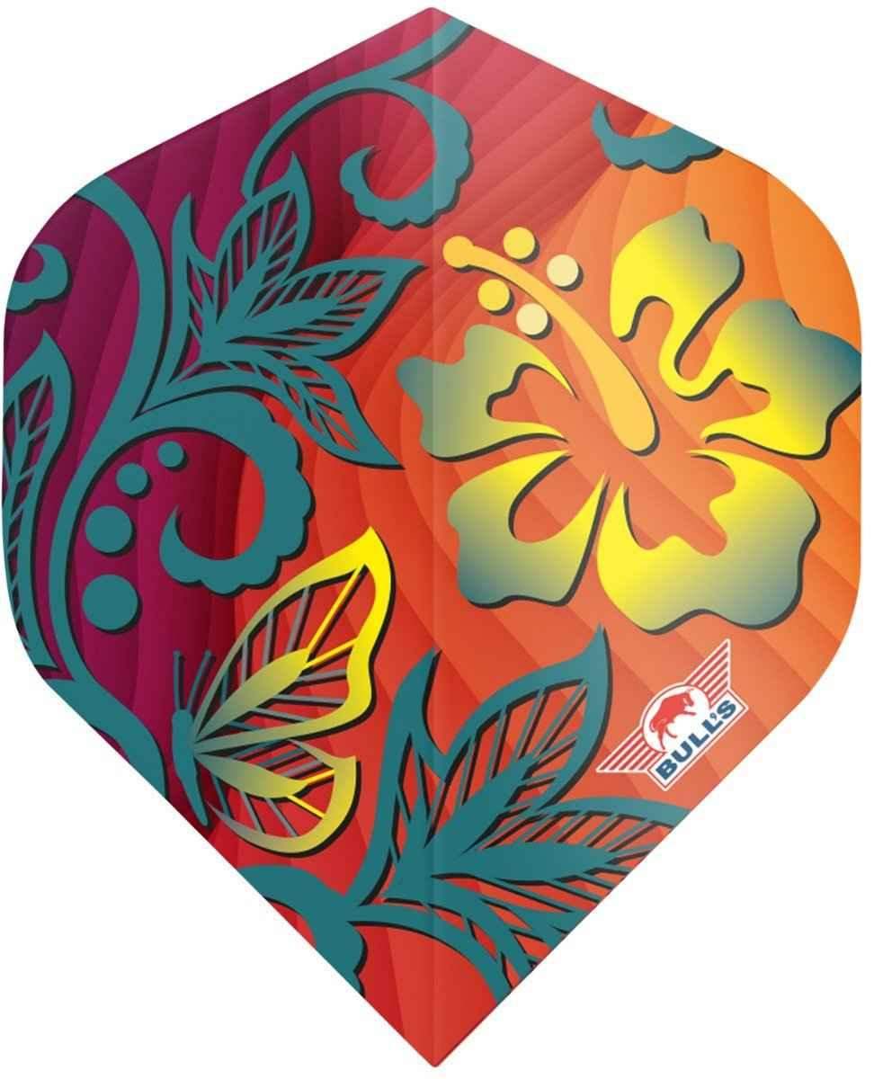 Bulls Dartflügel mit tropischem Hibiskus-Design, farbenfroh und detailreich für Dartsport