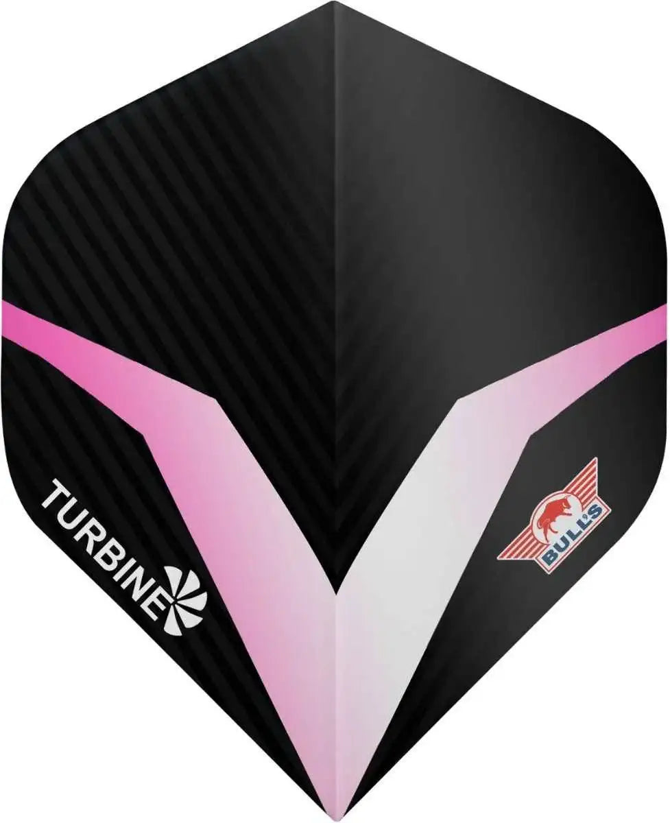 Bulls Turbine Dartflights in Schwarz mit Pink-Weiß-Design, ideal für Dartsportler
