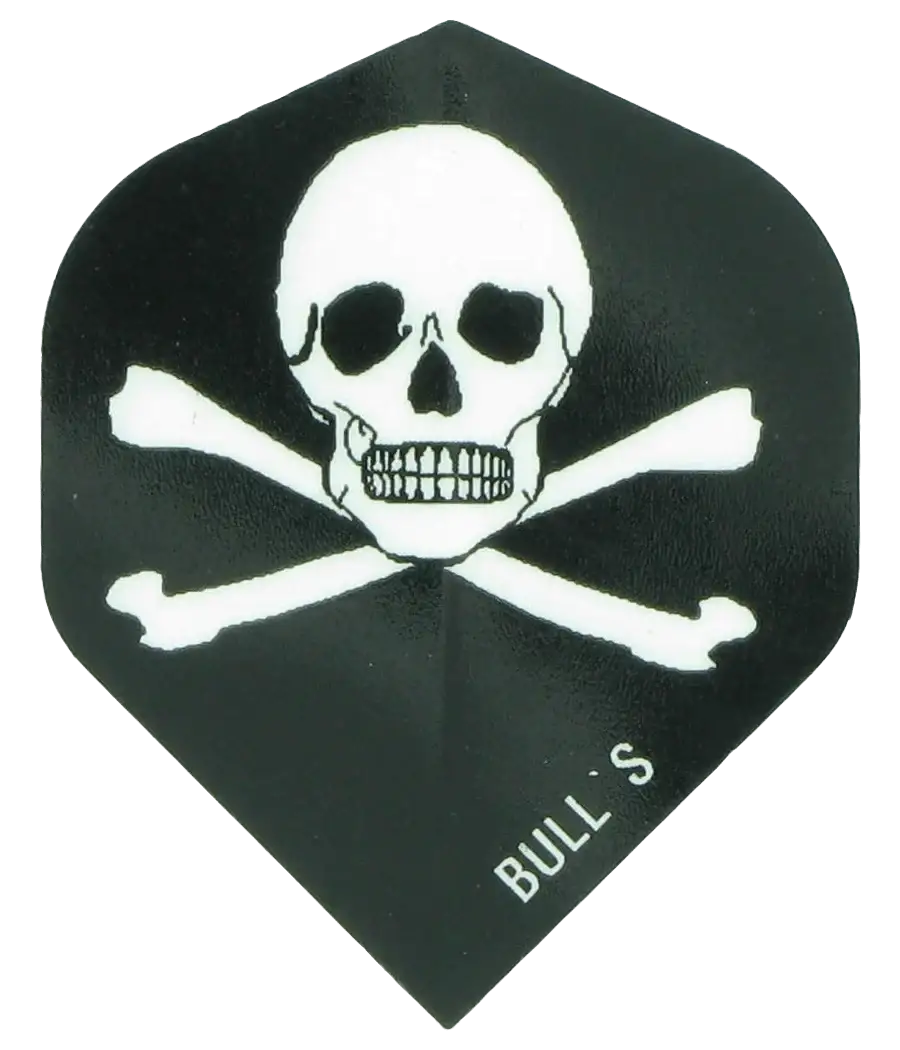 Schwarze Dartflügel mit Totenkopf und Kreuzknochen, Marke BULL'S