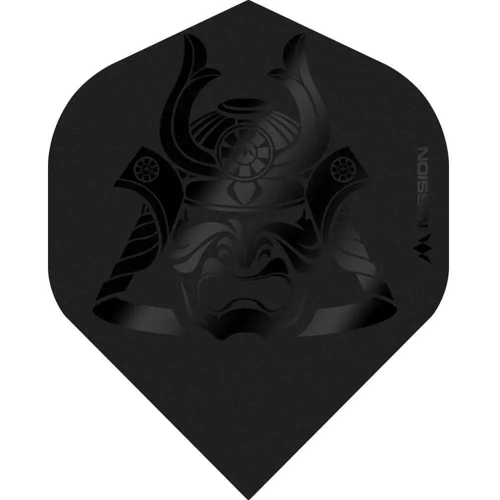 Schwarzer Dartflügel mit Samurai-Design und Mission-Logo, ideal für Dartsportler