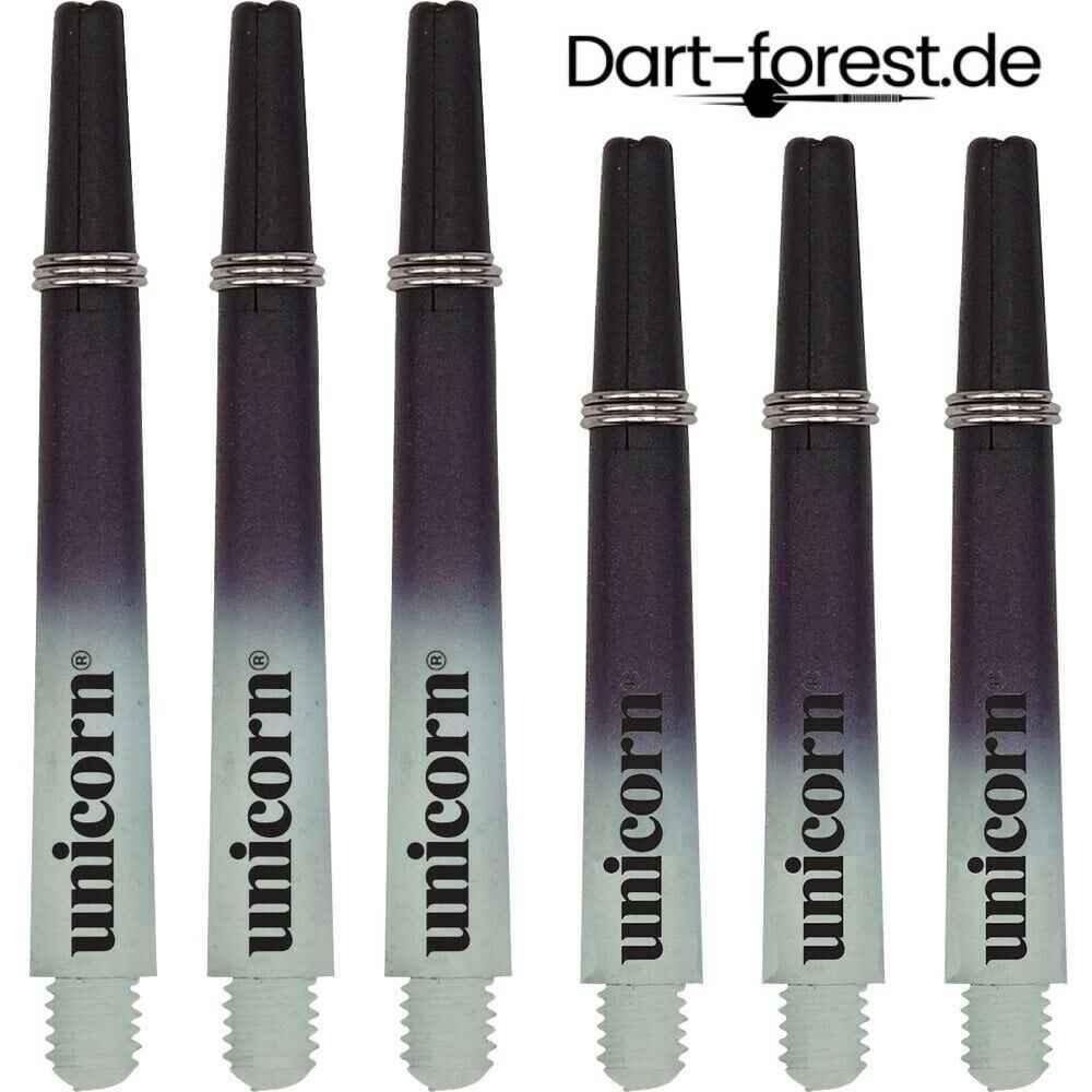 Unicorn Dartpfeile mit schwarz-grauem Gradienten und Metallringen, ideal für Dart-Spieler