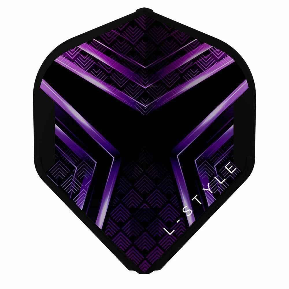 L-Style Dartflügel in Schwarz-Violett mit geometrischem Muster, ideal für Dartsportler