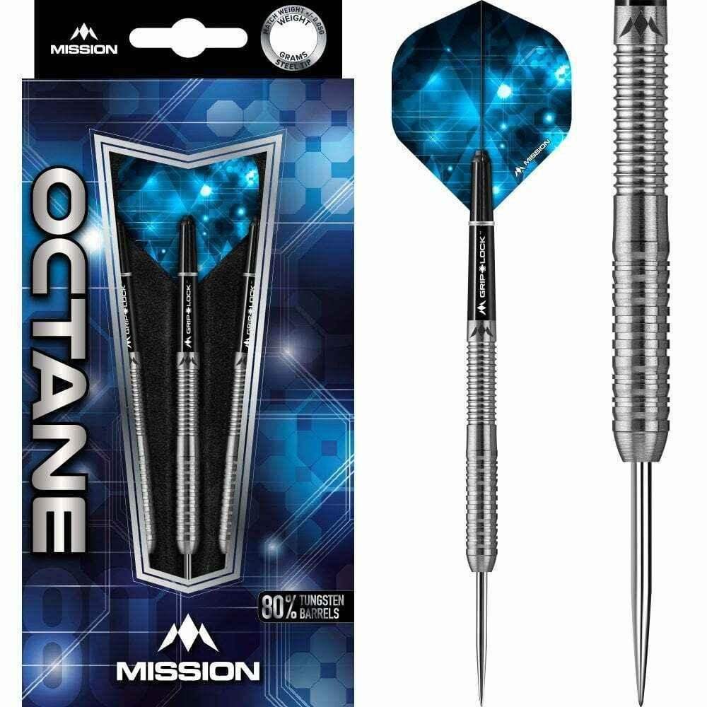 Mission Octane Darts mit 80% Wolframbarren und blauen Flügeln, ideal für Dart-Spieler