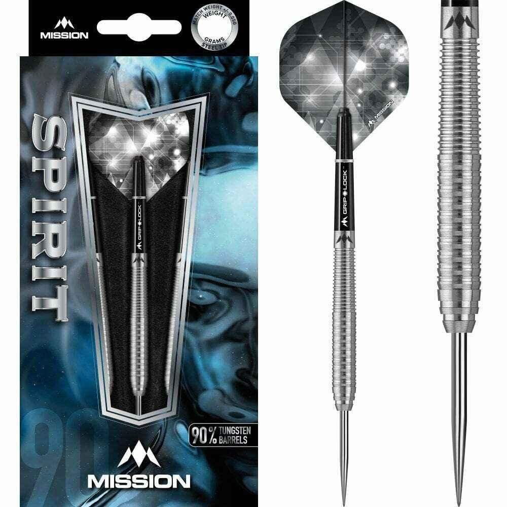 Mission Spirit 90% Wolfram-Darts mit Grip Lock, Stahltipps, silber-schwarz