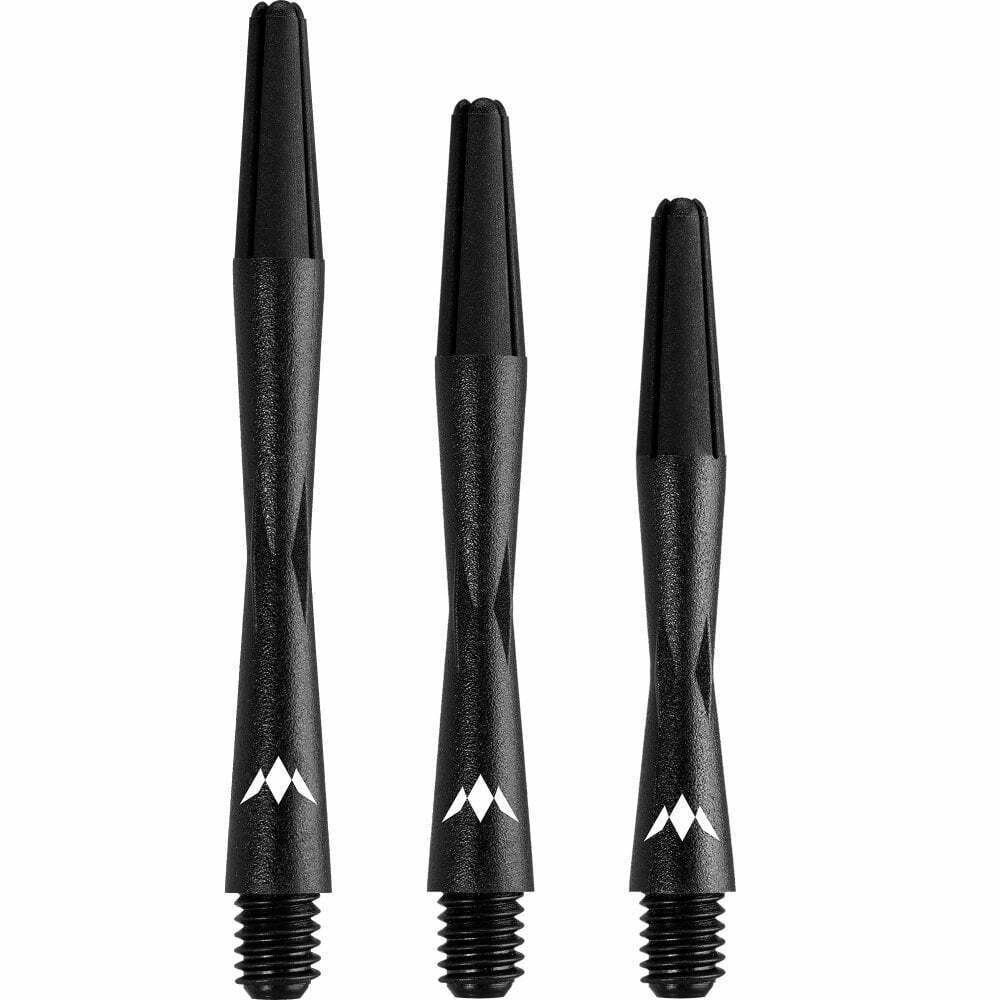 Schwarze Dartshafts mit weißem Logo, ideal für Dartsportler und Dartzubehör