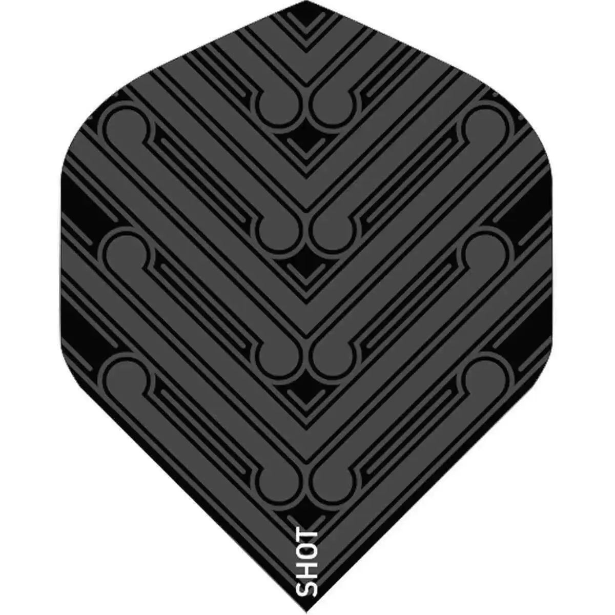 Schwarzer Dartflügel mit geometrischem Muster und Aufschrift SHOT – ideal für Dartsportler