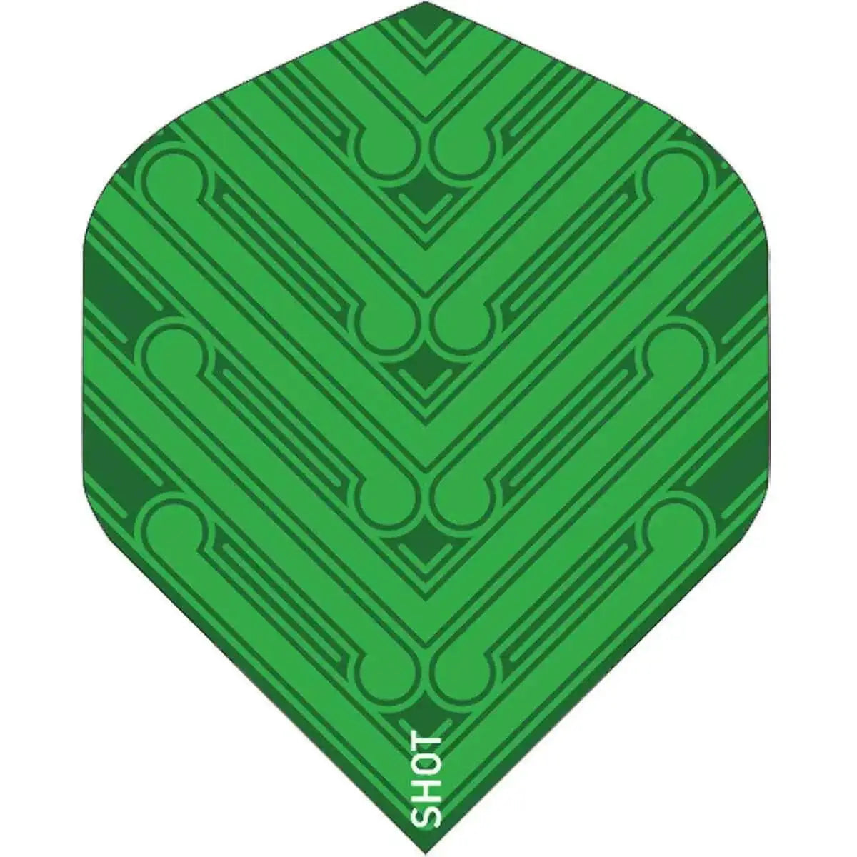 Grüne Dartflügel mit geometrischem Muster und 'SHOT'-Schriftzug, ideal für Dartsportler