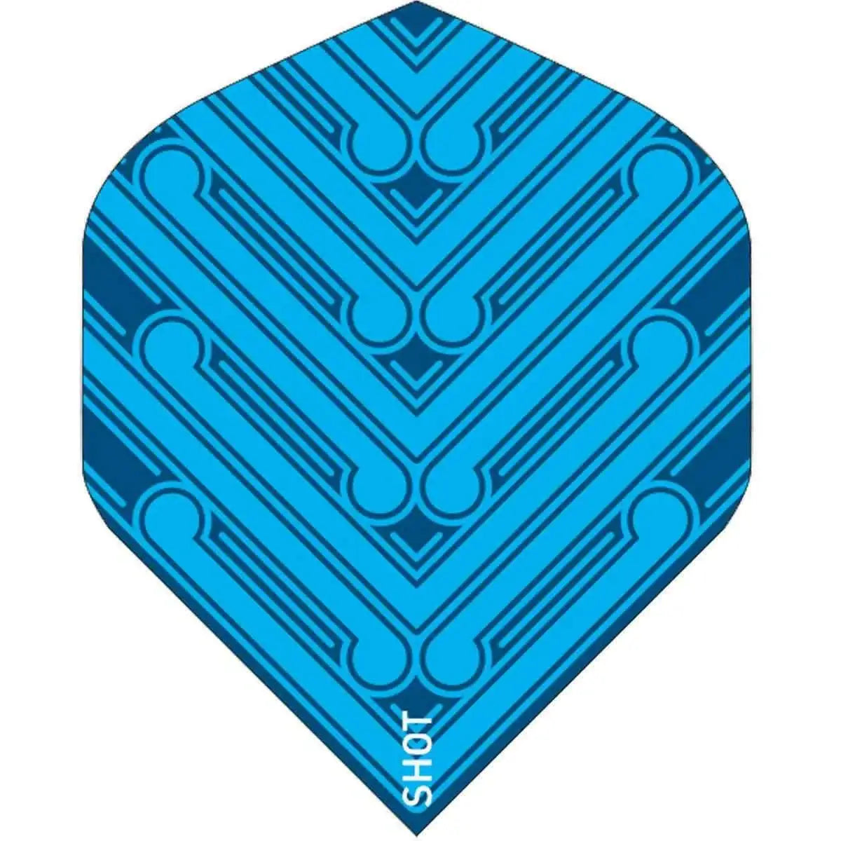Blaue Dartflügel mit geometrischem Muster und 'SHOT'-Schriftzug, ideal für Dart-Spieler
